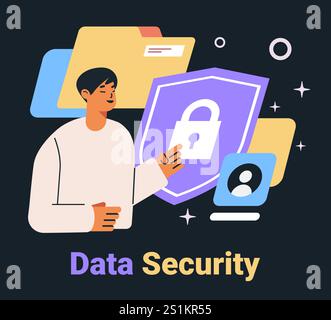 Data security illustration person pointing lock icon folders background dark mode interface digital protection concept Stock Vector