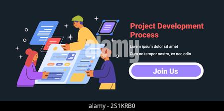 Project development process teamwork concept colorful characters collaborating on digital interface dark background website design Stock Vector