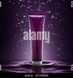 Purple tube of cosmetics with water drops dripping from the top on on gradient purple background. The concept of aesthetics and beauty. Image for your Stock Photo