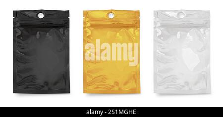White, gold and black plastic zipper bag isolated on white background with clipping path Stock Photo