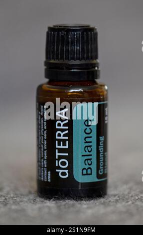 Banska Bystrica, Slovakia - May 8th 2020: High quality essential oils Doterra brand. Balance aromatherapy oil. Healthcare and wellbeing concept. Stock Photo