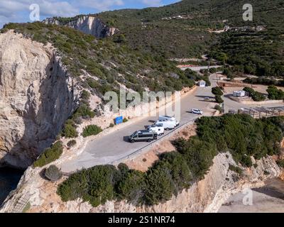 This aerial drone photo shows the beautiful beach and cliffs of Porto Katsiki on the island of Lefkada in Greece. Stock Photo