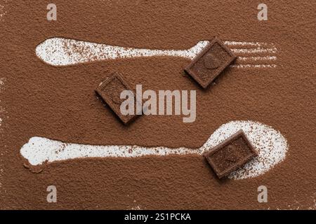Chocolate and cocoa powder on a white background. Top view Stock Photo