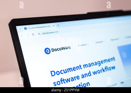 New York, USA - January 01, 2025: DocuWare website displayed on a laptop screen promoting document management software and workflow automation Stock Photo