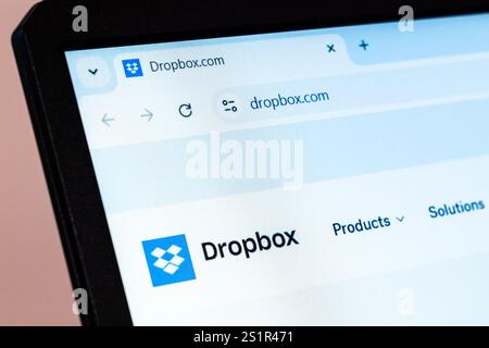 New York, USA - January 01, 2025: Dropbox website displayed on computer screen showcasing cloud storage, file sharing, and collaboration solutions Stock Photo