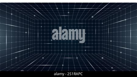 Futuristic grid box with abstract wireframe design, white lines on dark background. Retro 80s 90s digital aesthetic capturing virtual reality landscape in nostalgic futuristic style Stock Vector