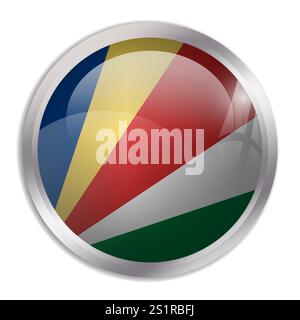 Seychelles flag - glossy circle button displays a colorful flag representing a country cultural identity and heritage. The essence of national pride and unity. Stock Vector