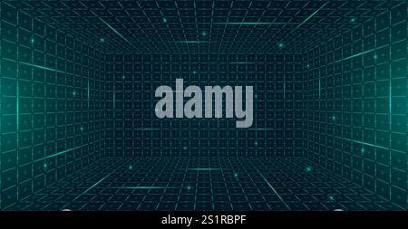 Futuristic perspective HUD grid box abstract wireframe. Green grid lines on dark background evoke 80s 90s digital style. GUI FUI design inspired virtual reality landscapes and retro future aesthetic Stock Vector