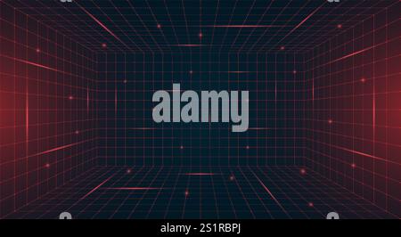 Futuristic HUD grid box featuring abstract wireframe design. Red dotted grid lines on dark blue background. Virtual reality landscape inspired retro 80s 90s digital aesthetic for modern nostalgic look Stock Vector