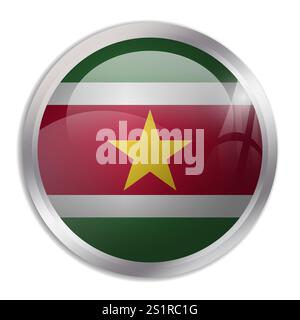 Suriname flag - glossy circle button displays a colorful flag representing a country cultural identity and heritage. The essence of national pride and unity. Stock Vector