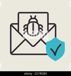 Mail infected malware vector icon. Envelope with mail and virus bug spam alert. Email spam, phishing, scam and hacker attack concept Stock Vector