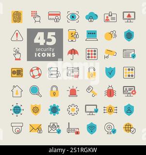 Security vector icon set. Cyber lock, password, unlock. Guard, shield, home security system icons. Eye access, electronic check, firewall. Internet pr Stock Vector