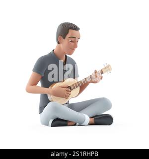 3d character man playing guitar sitting on floor, illustration isolated on white background Stock Photo