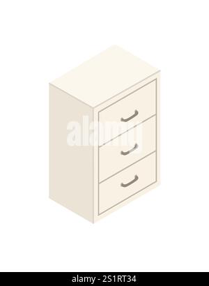 Wooden isometric cabinet with handle and three drawers. White wood. Modern furniture for office or home. Vector illustration isolated on white backgro Stock Vector