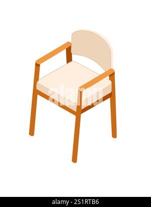 Wooden isometric chair with beige pillow. White wood. Modern furniture for office or home. Vector illustration isolated on white background. Stock Vector
