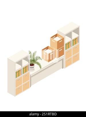 Wooden isometric cabinet with handle and three drawers. White wood. Modern furniture for office or home. Vector illustration isolated on white backgro Stock Vector