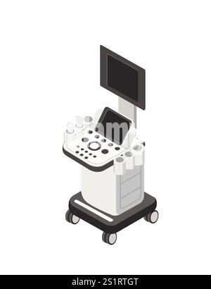 Isometric ultrasound diagnostic machine with dual monitors, control panel, and probe holders on wheels. Ideal for medical and healthcare concepts. Vec Stock Vector