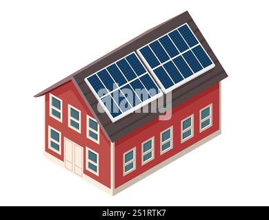 Isometric modern home with solar panels on the roof. Ideal for renewable energy, eco-living concepts, sustainable architecture, or green technology. V Stock Vector