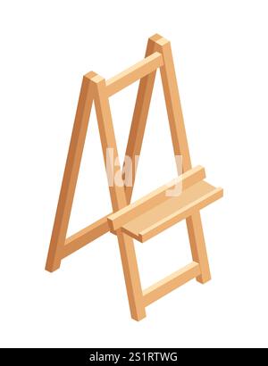 Isometric wooden easel stand. Empty easel without artboard. Tripod for artist drawing. Vector illustration isolated on white background. Stock Vector