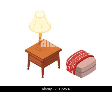 Isometric side table with night lamp. A simple and versatile design, perfect for furniture catalogs, interior design projects, or home decor promotion Stock Vector