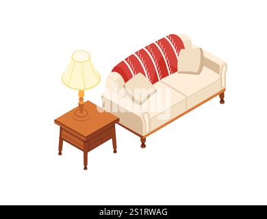 Isometric setup featuring side table with lamp and sofa with cushions. Perfect for interior design visuals, home decor advertisements, or furniture pr Stock Vector