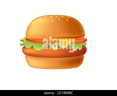 Cartoon 3d style burger with meat,tomato,cheese and lettuce. Sweet tasty bun. Fastfood dinner. Vector illustration isolated on white background. Stock Vector