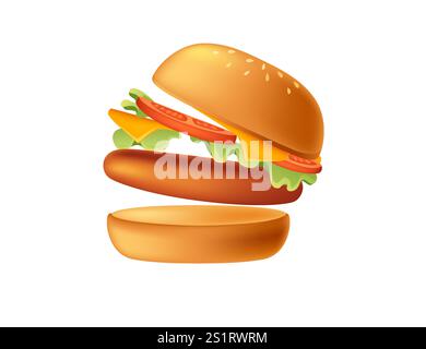 Cartoon 3d style burger with meat patty,tomato,cheese and lettuce. Sweet tasty bun. Fastfood dinner. Vector illustration isolated on white background. Stock Vector