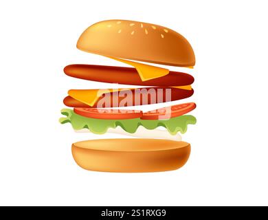 Cartoon 3d style burger with double patties ,tomato,cheese and lettuce. Sweet tasty bun. Fastfood dinner. Vector illustration isolated on white backgr Stock Vector