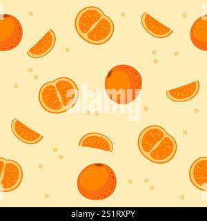 Seamless pattern of fresh tasty oranges. Whole, halved and slice of ripe tropical orange fruit. Citrus with peel and segmented flesh inside. Vector il Stock Vector