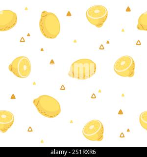 Seamless pattern of fresh yellow lemons. Halved and whole citrus tropical fruit, with juicy segmented juice sac. Vector illustration on white backgrou Stock Vector