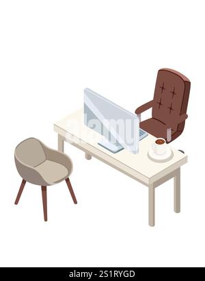 Isometric office desk with a monitor, coffee cup, executive chair, and guest chair. Ideal for corporate themes, remote work concepts, or productivity. Stock Vector