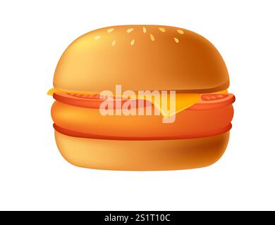 Cartoon 3d style burger with meat patty, tomato,cheese and lettuce. Sweet tasty bun. Fastfood dinner. Vector illustration isolated on white background Stock Vector