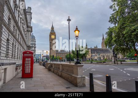 VWide Angle view of the Big Bend Street with Red Telephone Booth on the sidewalk during the early morning hours Stock Photo