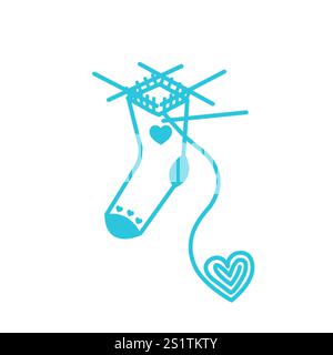 Gift Woven with Love Icon, Handmade Socks, Five-Needle Knitting Technique, Isolated on White Background. Blue icon set Stock Vector