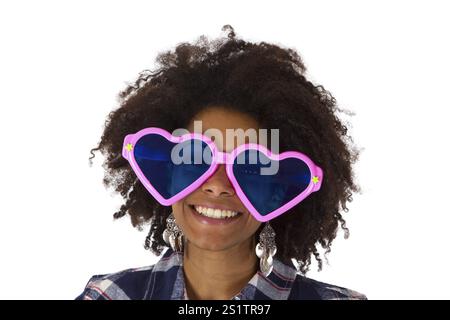 Young African American woman with funny sunglasses - cropped on a white background Stock Photo