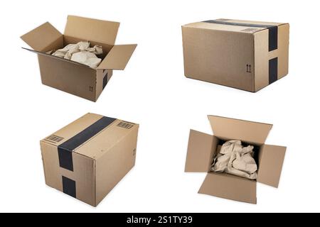 Collage aus Versandpaketen isoliert auf weissem Hintergrund Stock Photo