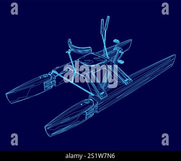 Blue drawing of a boat with a seat and a steering wheel. The boat is on water and he is a small, inflatable one Stock Vector