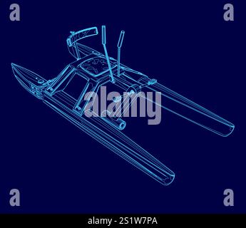Blue drawing of a boat with a blue background. The boat is shown in a very stylized way, with a lot of detail and emphasis on the design. Scene is one Stock Vector