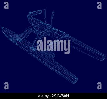 Blue drawing of a boat with a blue background. The boat is shown in a stylized way, with a focus on its design and structure Stock Vector