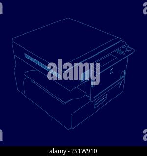 Blue printer with a keyboard. The printer is a HP brand. The printer is a desktop model Stock Vector