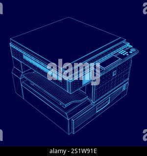 Blue printer with a blue screen. The printer is a desktop model Stock Vector