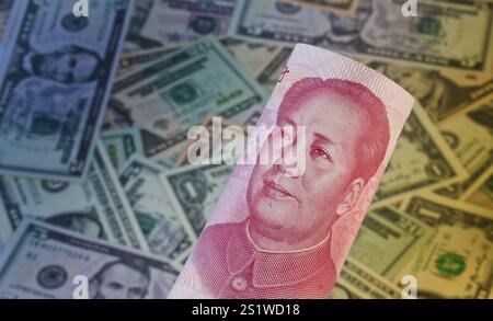 Chinese currency Yuan and American Dollar banknotes Austria Stock Photo