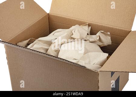 Open Shipping Parcel mit Verpackungspapier isoliert ueber weissem Hintergrund Stock Photo