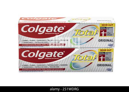HUETTENBERG, Germany - FEBRUARY 11, 2022: Colgate Toothpaste, Advanced Sensation White, isolated on white. Colgate is a brand of toothpaste produced b Stock Photo