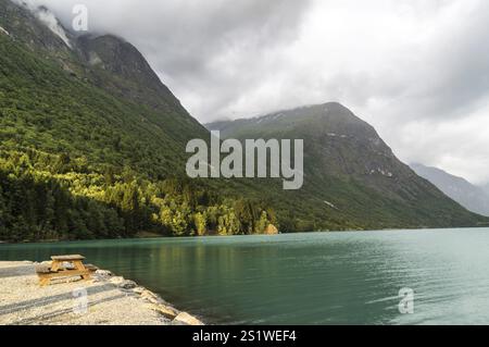 The Kjenndalsbreen is part of the Jostedalsbreen, one of the largest glaciers in Norway, and forms an impressive mountain landscape with a beautiful l Stock Photo