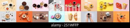 Collage of tasty coffee in cups, tasty desserts, sleep mask and alarm clock on color background, top view Stock Photo