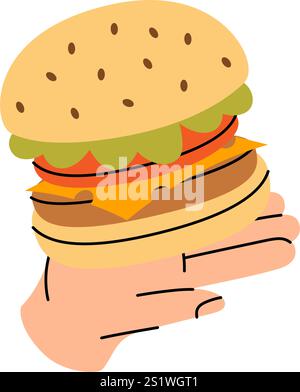 Burger hold on human hand. Traditional American fast food. Vector illustration. Stock Vector