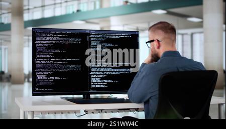 Computer Programmer Writing Program Code On Computer In Office Stock Photo