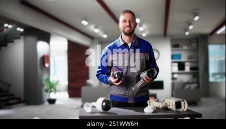 Technician Using Surveillance Security Camera Video System Stock Photo