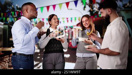 Group Of Friends Having Fun Eating Street Food Meal Stock Photo